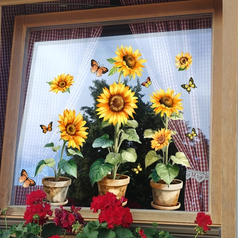 Sunflower Butterfly Potted Plant Static Window Sticker PVC Non Glue Double Sided Glass Decal Home Decor Floral Nordic