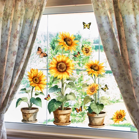 Sunflower Butterfly Potted Plant Static Window Sticker PVC Non Glue Double Sided Glass Decal Home Decor Floral Nordic