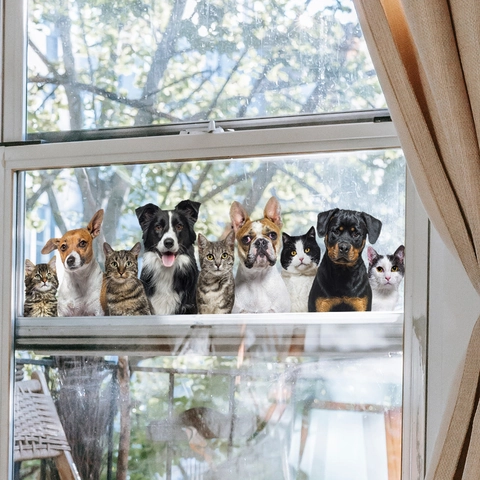Cute Animal Peeking Window Stickers PVC Double Sided Visible Waterproof Cat Dog Wall Decals For Glass Door Home Decor