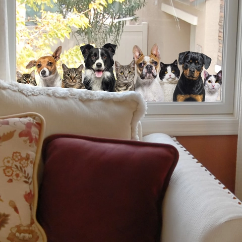 Cute Animal Peeking Window Stickers PVC Double Sided Visible Waterproof Cat Dog Wall Decals For Glass Door Home Decor