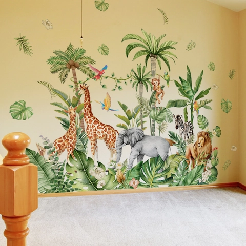 Stickers Muraux Oasis Animaux de la Jungle Feuilles de Palmier Tropicales Éléphant Girafe PVC Amovibles Autocollants Chambre d'Enfant