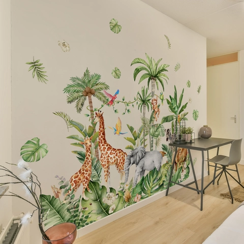 Stickers Muraux Oasis Animaux de la Jungle Feuilles de Palmier Tropicales Éléphant Girafe PVC Amovibles Autocollants Chambre d'Enfant