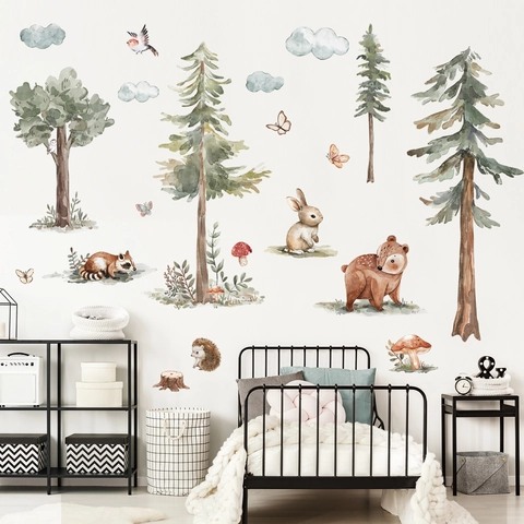 Pegatinas de Pared de Animales del Bosque en Acuarela para Habitación Infantil PVC Removible Pino Oso Conejo Mapache Erizo