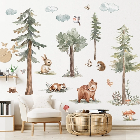 Pegatinas de Pared de Animales del Bosque en Acuarela para Habitación Infantil PVC Removible Pino Oso Conejo Mapache Erizo