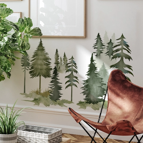 Aquarell Kiefer Wald Wandaufkleber Grün Nordisch PVC Dekore Wohnzimmer Schlafzimmer Home Deko Selbstklebend Abnehmbar Wasserdicht Wandbild Sticker