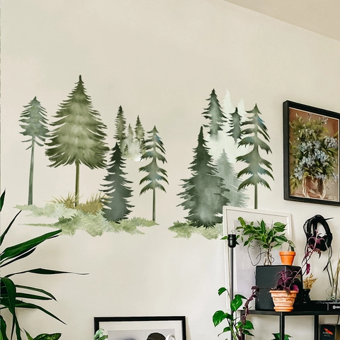 Aquarell Kiefer Wald Wandaufkleber Grün Nordisch PVC Dekore Wohnzimmer Schlafzimmer Home Deko Selbstklebend Abnehmbar Wasserdicht Wandbild Sticker