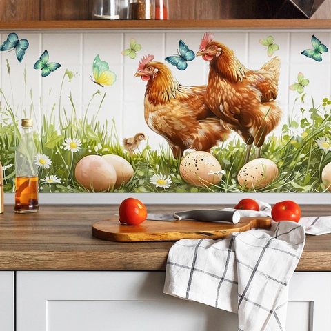 Pastoral Hen Chicken Wall Sticker PVC Self-Adhesive Waterproof Farmhouse Decor Butterfly Eggs Kitchen Bedroom Background