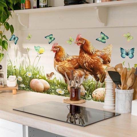 Pastoral Hen Chicken Wall Sticker PVC Self-Adhesive Waterproof Farmhouse Decor Butterfly Eggs Kitchen Bedroom Background