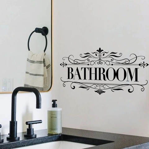 Adesivo da Parete Minimalista Nero con Scritta Bathroom Adesivo per Porta in PVC Rimovibile con Motivo Floreale Vintage