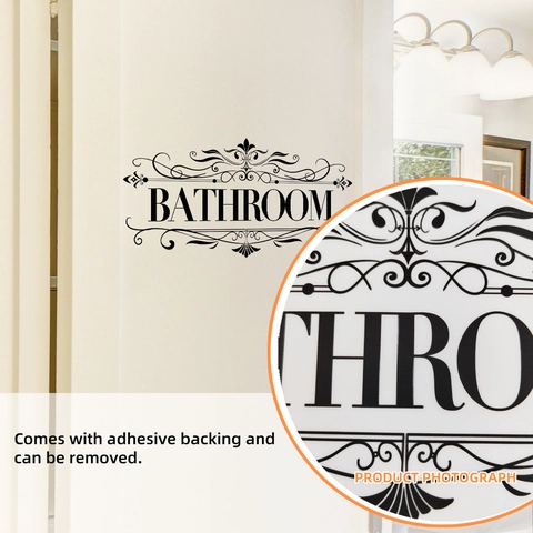 Adesivo da Parete Minimalista Nero con Scritta Bathroom Adesivo per Porta in PVC Rimovibile con Motivo Floreale Vintage