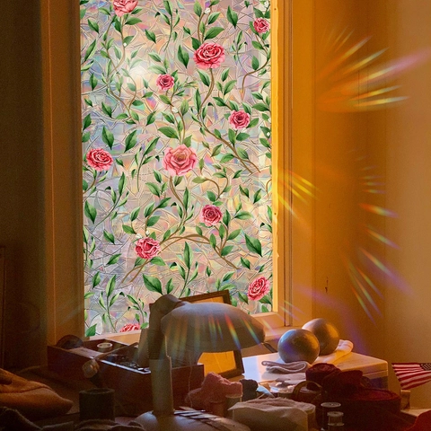 Fenster Sichtschutzfolie Statisch Haftend Glasaufkleber Regenbogeneffekt Rose Blumen Rebe Muster Dekorative Heimdekor