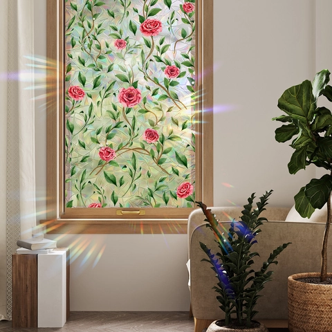 Fenster Sichtschutzfolie Statisch Haftend Glasaufkleber Regenbogeneffekt Rose Blumen Rebe Muster Dekorative Heimdekor