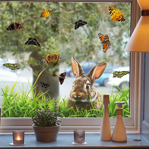 Static Cling Window Stickers Rabbit Butterfly Grass Double Sided PVC Waterproof Removable Glass Door Home Decor