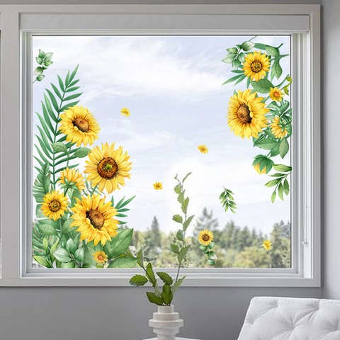 Sunflower Green Leaves Static Cling Window Stickers PVC Double Sided Visible Waterproof Glass Decals For Home Decor