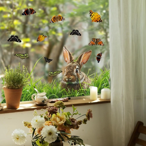 Static Cling Window Stickers Rabbit Butterfly Grass Double Sided PVC Waterproof Removable Glass Door Home Decor