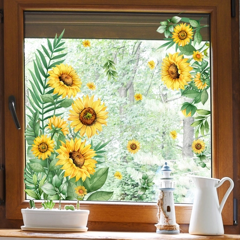 Sunflower Green Leaves Static Cling Window Stickers PVC Double Sided Visible Waterproof Glass Decals For Home Decor