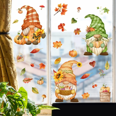 Autumn Gnome Window Clings PVC Static Stickers Sunflower Pumpkin Maple Leaf Decals Thanksgiving Home Decor