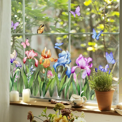 Fensteraufkleber Aquarell Schmetterling Floral Glasaufkleber Doppelseitig Bedruckt PVC Wasserdicht Dekorativ Für Wohnzimmer Schlafzimmer