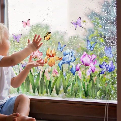 Fensteraufkleber Aquarell Schmetterling Floral Glasaufkleber Doppelseitig Bedruckt PVC Wasserdicht Dekorativ Für Wohnzimmer Schlafzimmer