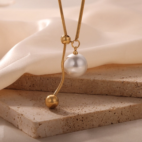 Y-Shaped Lariat Necklace Gold Plated Titanium Steel With Shell Artificial Pearl Pendant Snake Chain Tassel Minimalist Jewelry For Women