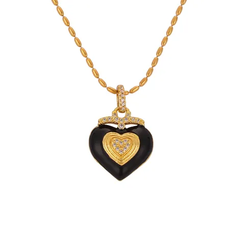 Herz Anhänger Halskette Titanstahl Schwarz Emaille Glasur Zirkonia Kugelkette Vintage Französischer Stil Für Frauen