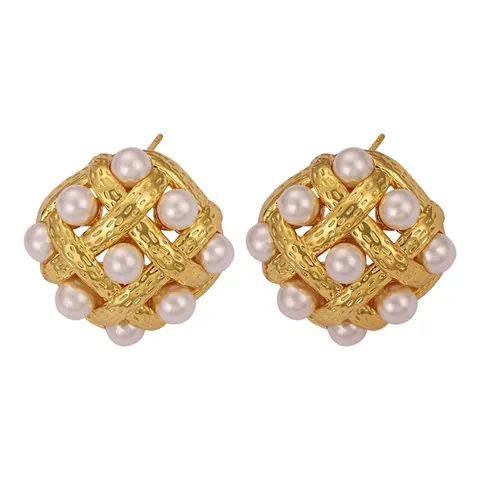 Pendientes De Botón Cuadrados Vintage De Cobre Con Perlas Artificiales De Concha Diseño Tejido Hueco Joyería Elegante Para Mujer