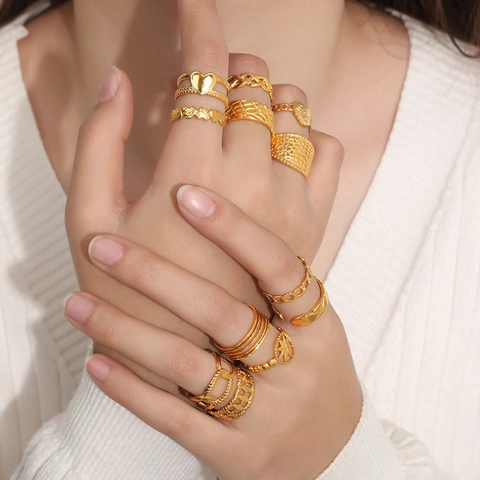 Roestvrijstalen Open Ring 18K Verguld Hart Ster Geometrisch Hol Weven Textuur Minimalistische Mode Sieraden Voor Dames