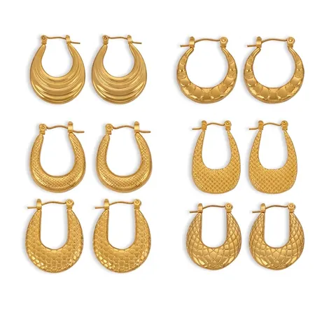 French Minimalist Stainless Steel U Shaped Hoop Earrings Unique Texture Design Geometric Earrings For Women Jewelry Gift