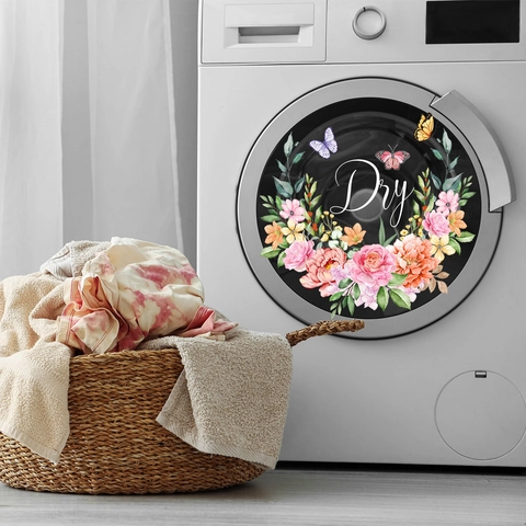 Autocollants Buanderie Couronne Florale PVC Imperméable Autocollant Décalcomanies Lave-linge Sèche-linge Papillon Double Face