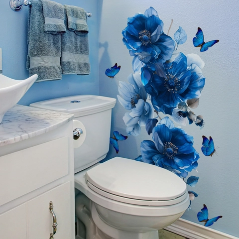 Blaue Blumen Schmetterling Wandaufkleber Wasserdichte Selbstklebende PVC Abziehbilder Für Badezimmer Schlafzimmer Haus