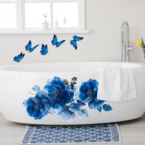 Blaue Blumen Schmetterling Wandaufkleber Wasserdichte Selbstklebende PVC Abziehbilder Für Badezimmer Schlafzimmer Haus