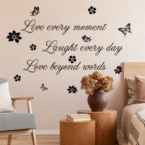 Inspirierende Live Laugh Love Zitate Wandtattoo Schwarz PVC Schmetterling Blume Selbstklebendes Wandsticker Für Schlafzimmer