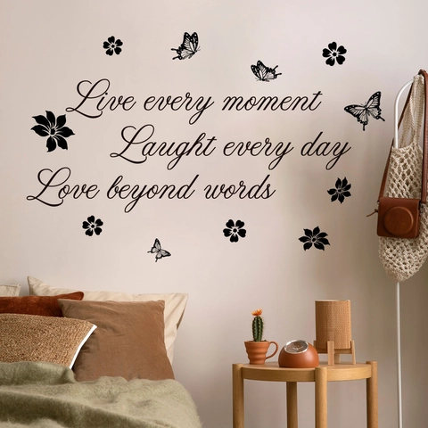 Inspirierende Live Laugh Love Zitate Wandtattoo Schwarz PVC Schmetterling Blume Selbstklebendes Wandsticker Für Schlafzimmer