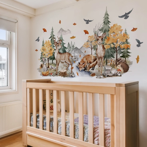 Stickers Muraux Animaux Forêt PVC Amovible Aquarelle Pins Cerf Renard Lapin Décoration Chambre Enfant