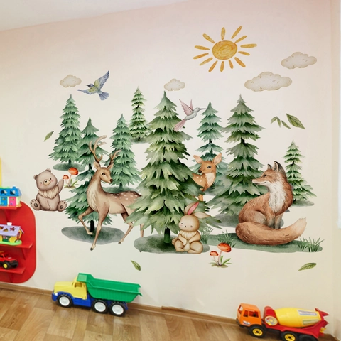 Stickers Muraux Animaux De La Forêt Aquarelle PVC Autocollant Amovible Pin Cerf Ours Renard Lapin Décoration Enfant