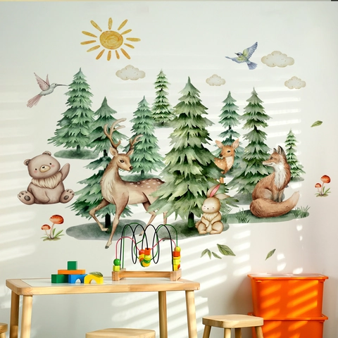 Stickers Muraux Animaux De La Forêt Aquarelle PVC Autocollant Amovible Pin Cerf Ours Renard Lapin Décoration Enfant