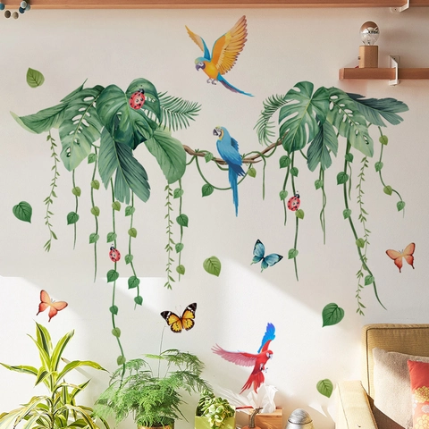 Stickers Muraux Feuilles Tropicales PVC Autocollant Amovible Aquarelle Perroquet Papillon Déco Salon