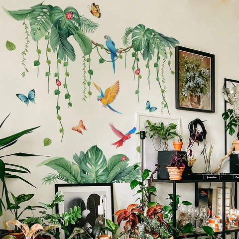 Stickers Muraux Feuilles Tropicales PVC Autocollant Amovible Aquarelle Perroquet Papillon Déco Salon