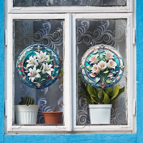Buntglas-Stil Statisch Haftende Fensteraufkleber Lilien Blumenmuster Doppelseitig Sichtbare Dekorative Glasfolien-Abziehbilder