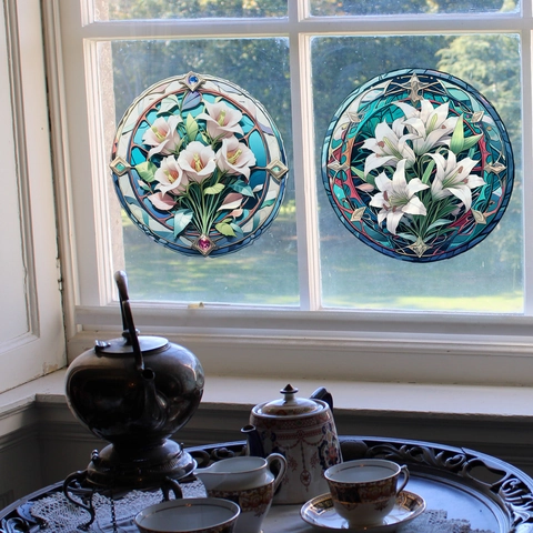 Buntglas-Stil Statisch Haftende Fensteraufkleber Lilien Blumenmuster Doppelseitig Sichtbare Dekorative Glasfolien-Abziehbilder