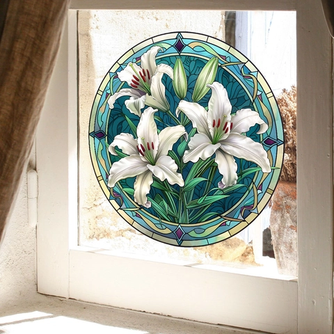 Stained Glass Window Sticker Static Cling PVC Retro Lily Flower Pattern Double Sided Decorative Decal Waterproof