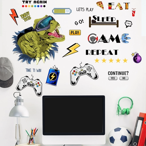 Stickers Muraux Dinosaure Dessin Animé Gaming PVC Autocollants Décoratifs Pour Chambre d'Enfant Salle de Jeux Eat Sleep Game Repeat