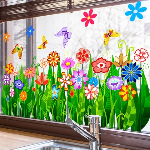 Floral Butterfly Static Cling Window Stickers Double Sided Colored PVC Waterproof Flower Decals For Glass Door Windows Home Office Decor