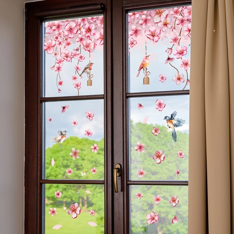 Rosa Kirschblüte Vogel Statische Fensteraufkleber Doppelseitig PVC Blumen Glasaufkleber Für Frühling Dekoration Ohne Kleber
