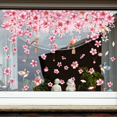Rosa Kirschblüte Vogel Statische Fensteraufkleber Doppelseitig PVC Blumen Glasaufkleber Für Frühling Dekoration Ohne Kleber