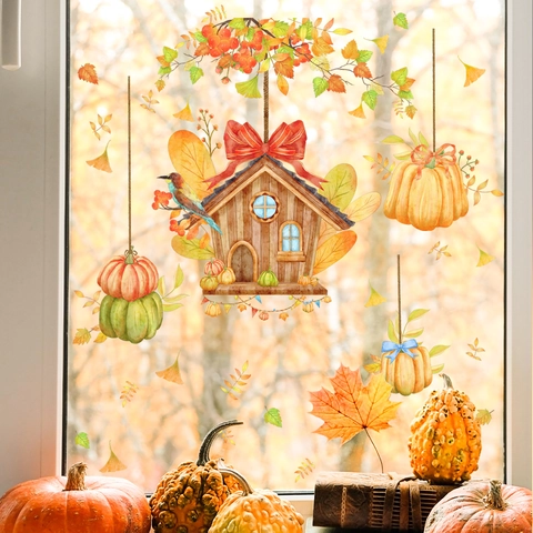 Adesivi per Finestre Autunno Ringraziamento Statici PVC Zucca Foglia di Acero Capanna Fronte Retro Decorazioni Casa Acquerello