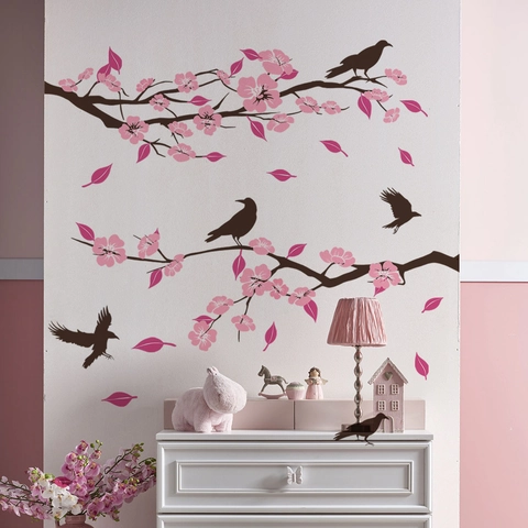 Stickers Muraux Branches De Cerisier Et Oiseaux Imperméable PVC Autocollant Décoration Chambre Salon