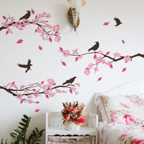Stickers Muraux Branches De Cerisier Et Oiseaux Imperméable PVC Autocollant Décoration Chambre Salon