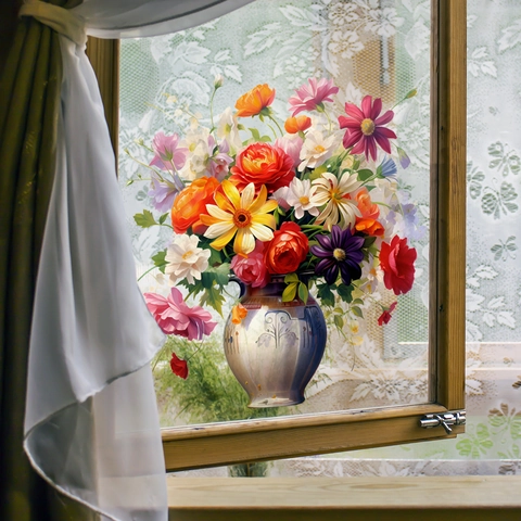 Pegatinas Ventana Maceta Vintage Estáticas PVC Sin Pegamento Doble Cara Calcomanías Vidrio Florales Decoración
