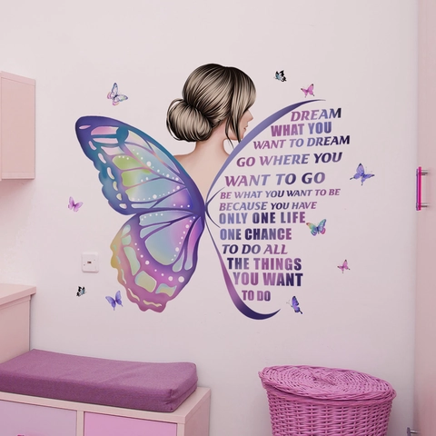 Sticker Mural Silhouette Fille Papillon PVC Imperméable Amovible Citations Inspirantes Décor Pour Chambre Fille